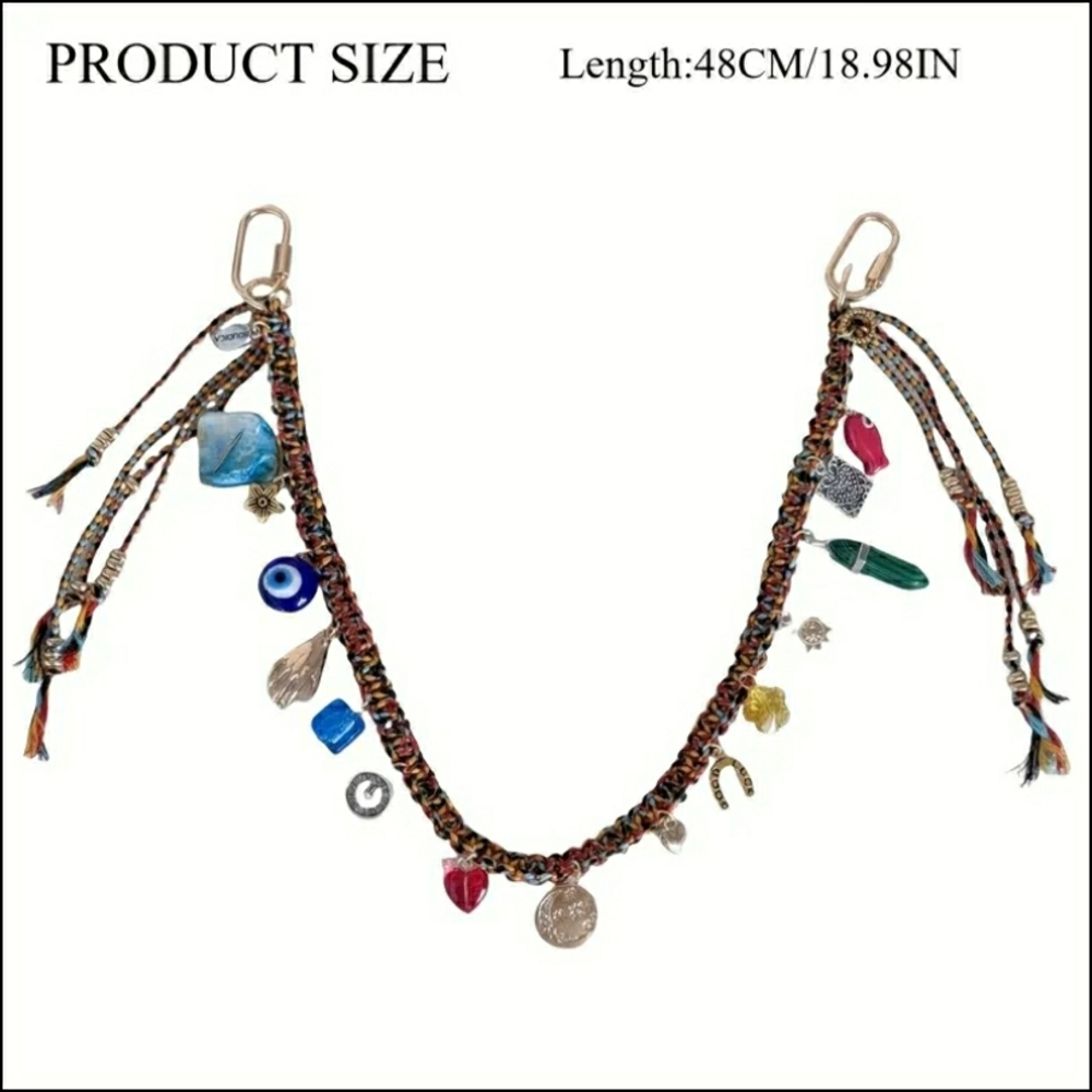 Colorful Woven Fringe Purse Bag Accessory w/ Charms & Stones - NWT! - Picture 4 of 9
